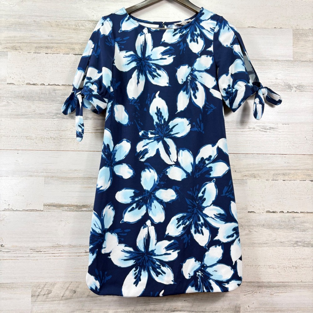 Dress Barn Floral Shift Dress Women 6 Navy Blue Tie Sleeve Tropical Summer Chic